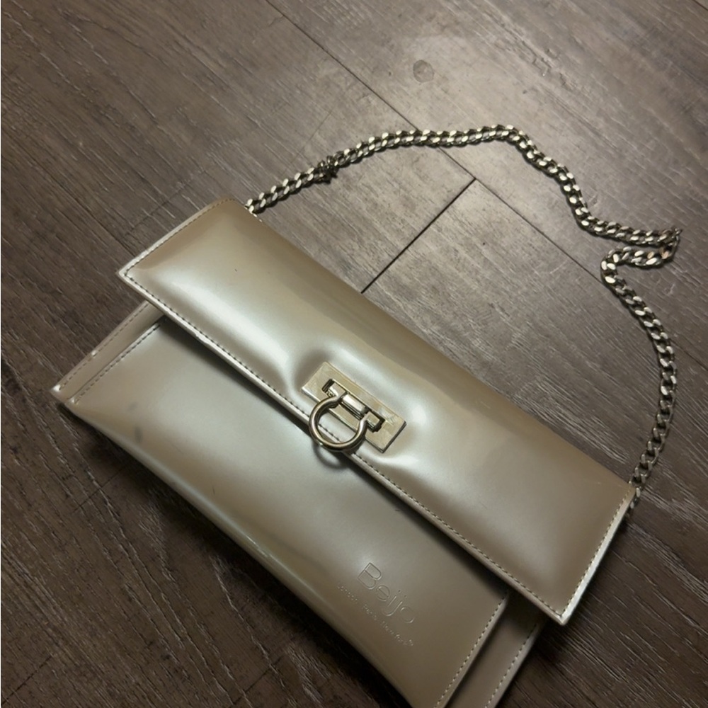Beijo Metallic Beige Clutch with Chain Strap